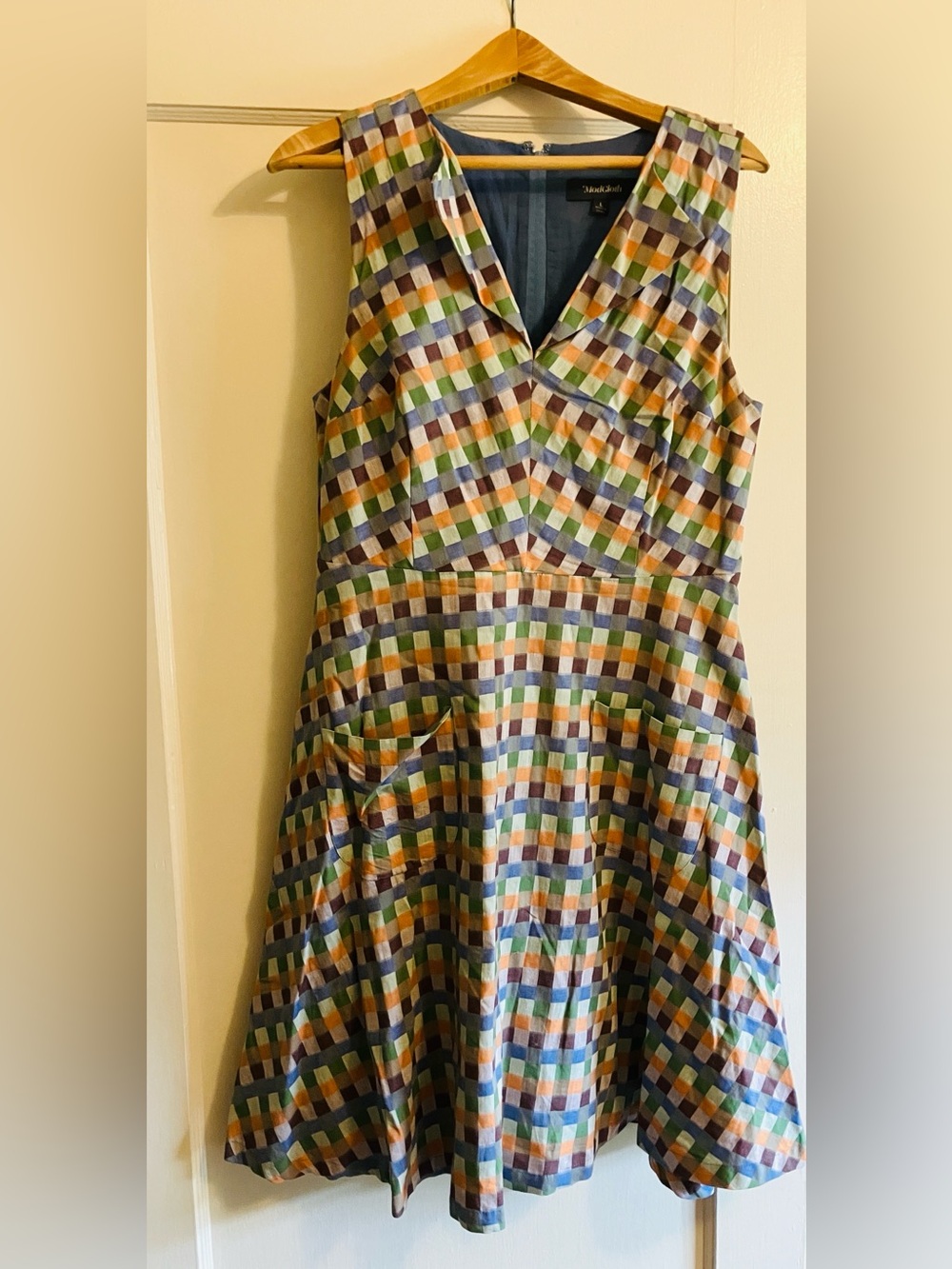 Mod Cloth A-line Multicolor Check Dress in soft Blue, Green & Orange